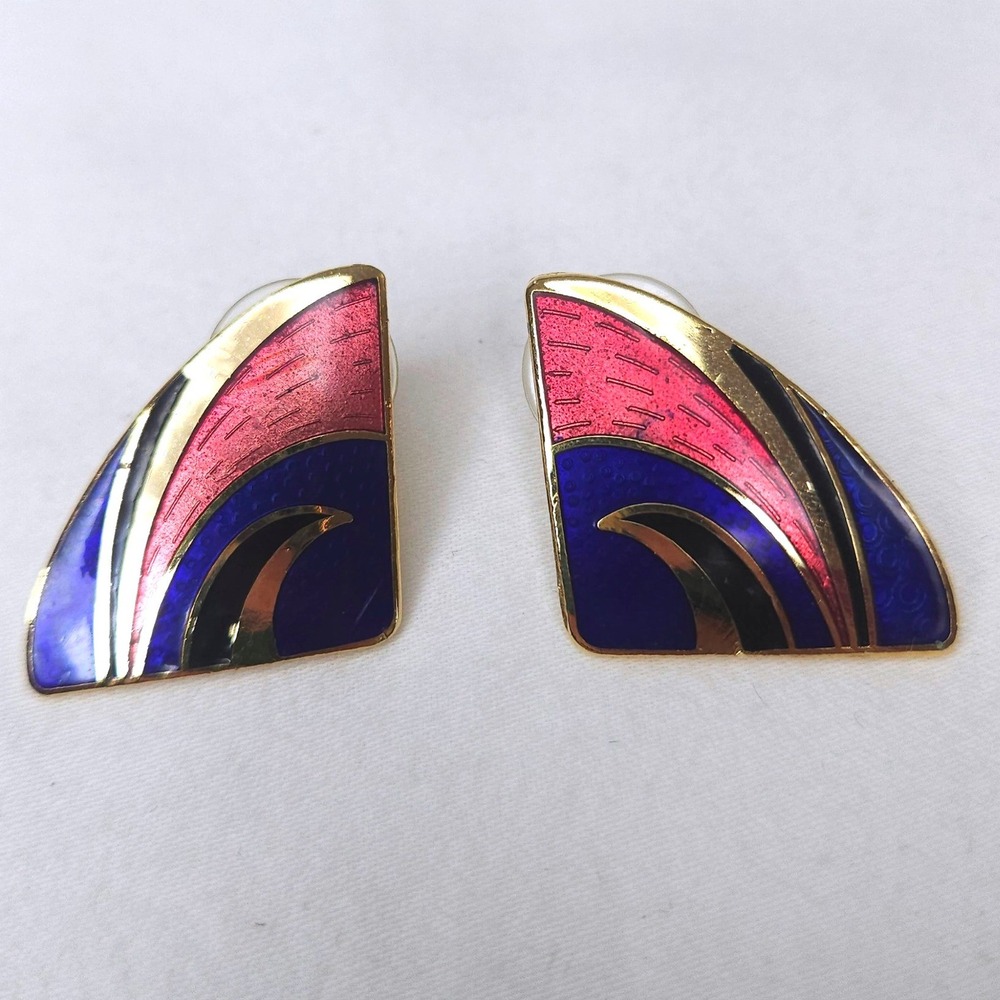 Vtg 80s Geometric Enamel Stud Earrings Gold Tone Pink Blue Abstract Retro Costum